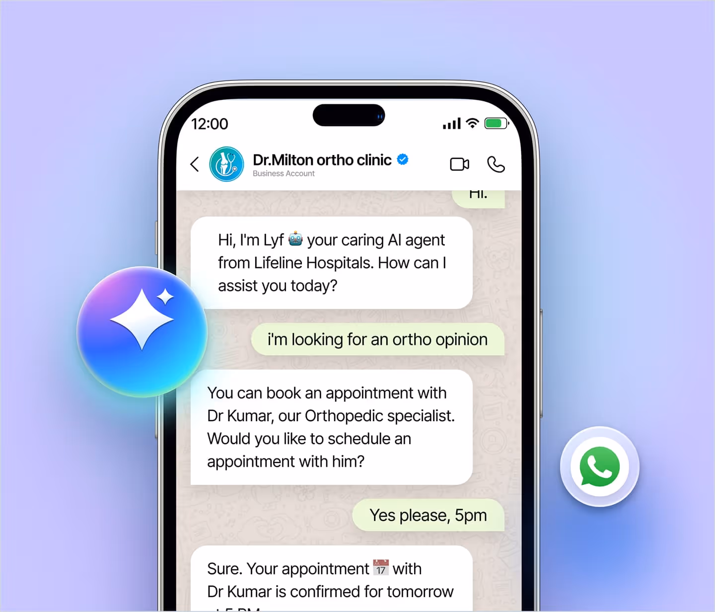 WhatsApp chat with AI assistant Lyf scheduling an orthopedic appointment with Dr Kumar at 5pm tomorrow.