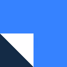 Blue square with a white smaller square at bottom left corner and dark blue triangle inside it.