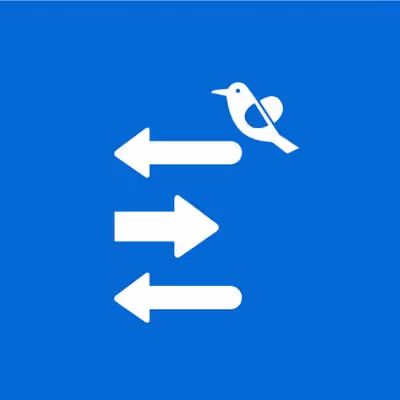 Blue square with three white arrows pointing left and right and a bird perched on the top arrow.