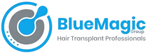 BlueMagic Hair Transplant Professionals logo with a circular design and blue text.