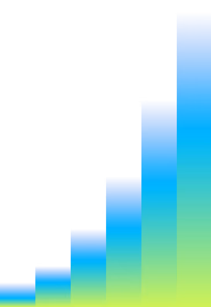 Graph with six vertical bars increasing in height from left to right in gradient blue to green colors.