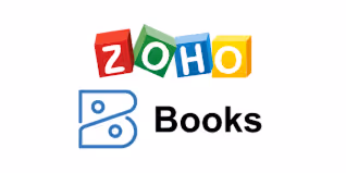 Zoho Books logo with colorful letter blocks and a stylized blue book icon.