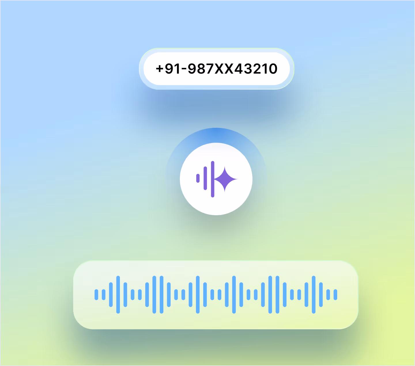 Phone number +91-987XX43210 above a purple voice icon and blue audio waveform on gradient background.