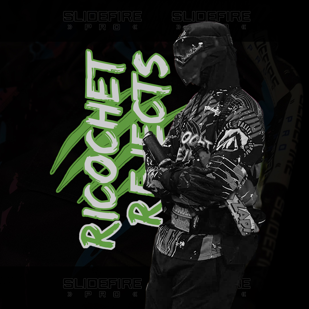 Competitive speedsoft player wearing custom Ricochet Rejects jersey and tactical gameplay gear by SlideFirePro.