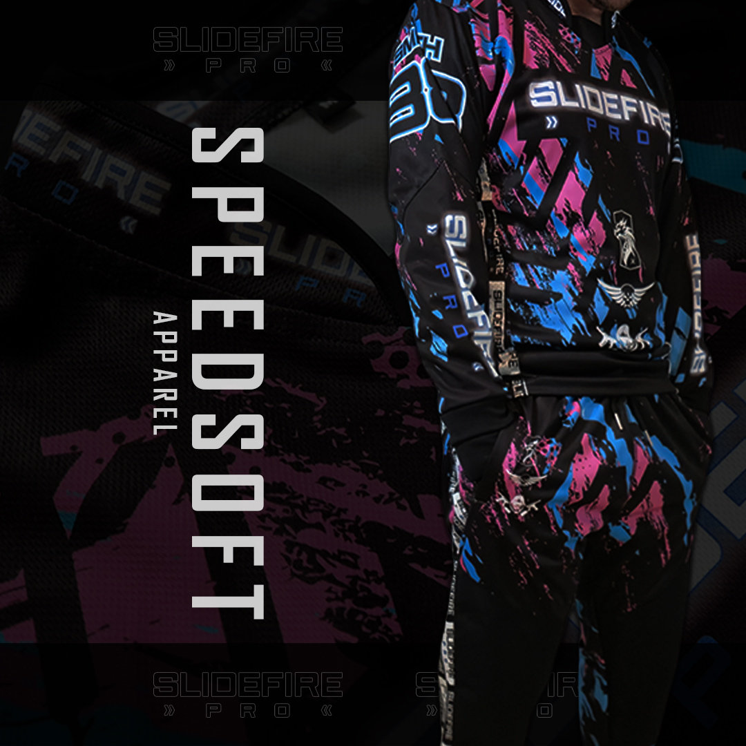 Close-up of custom SlideFirePro speedsoft apparel featuring sublimated graphics and performance athletic fit.