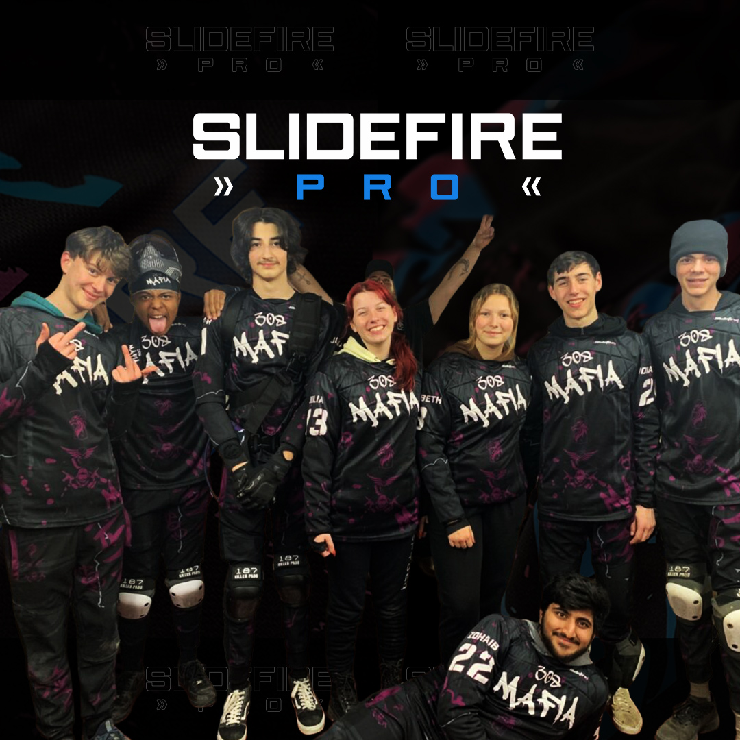 Speedsoft team group photo featuring custom SlideFirePro apparel and fully sublimated team jerseys.