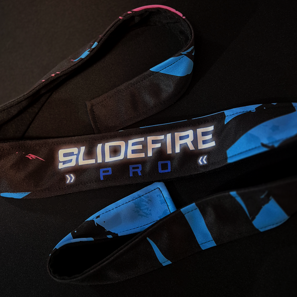 Close-up of custom SlideFirePro speedsoft jersey collar with premium sublimated branding and breathable athletic material.