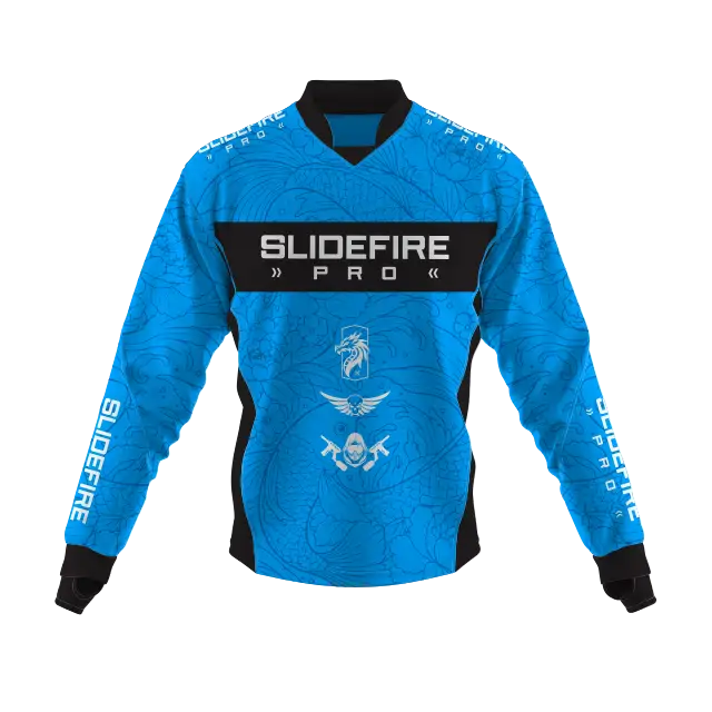 Custom blue speedsoft jersey with lightweight sublimated graphics, breathable performance fabric and competitive team apparel styling for aggressive movement and tournament play.