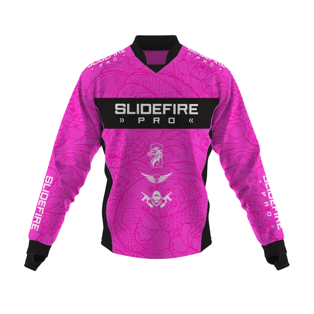 Custom pink paintball jersey with durable sublimated graphics, breathable athletic material and professional team apparel design for competitive paintball players.