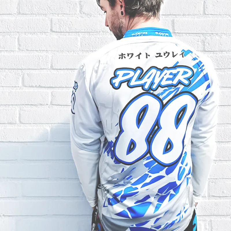 Custom speedsoft jersey shown from the back with large player number, sublimated blue camouflage graphics and custom nameplate design for competitive team apparel.