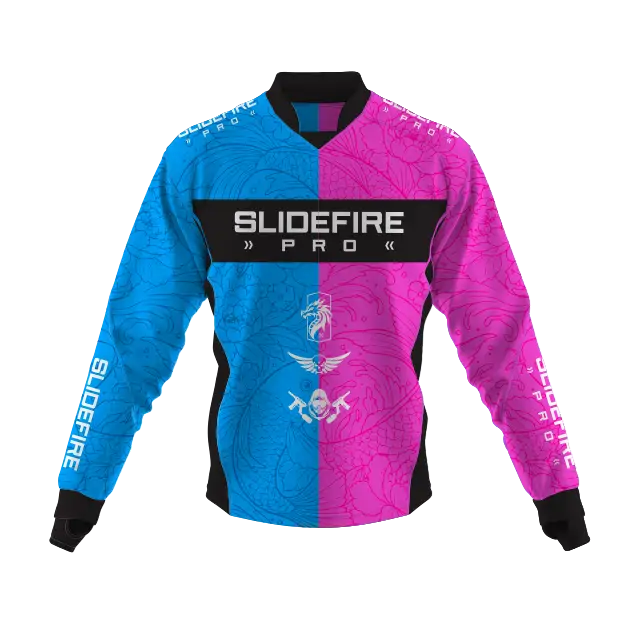 Custom speedsoft jersey in cyan and pink with fully sublimated graphics, chest logo panel and performance athletic fit for competitive speedsoft and paintball teams.