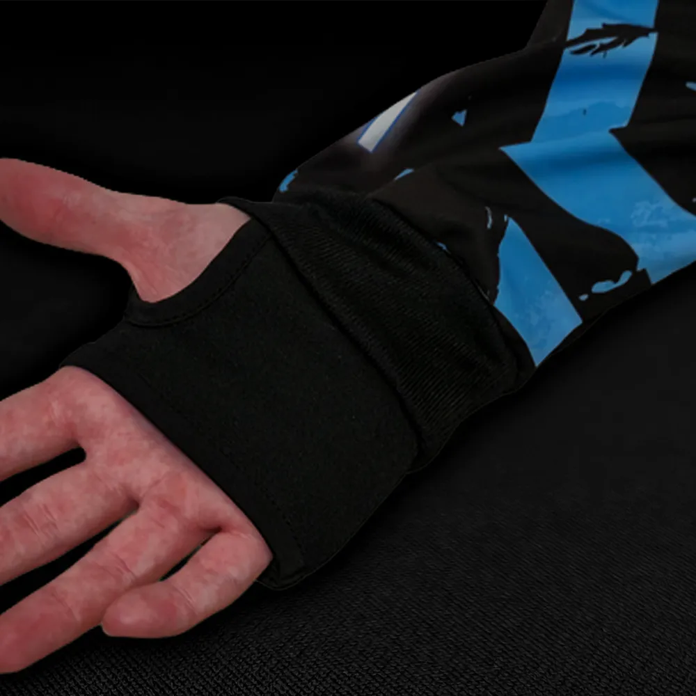 Performance anti-slide cuffs on custom speedsoft jersey designed to prevent sleeves riding up during movement and slides.