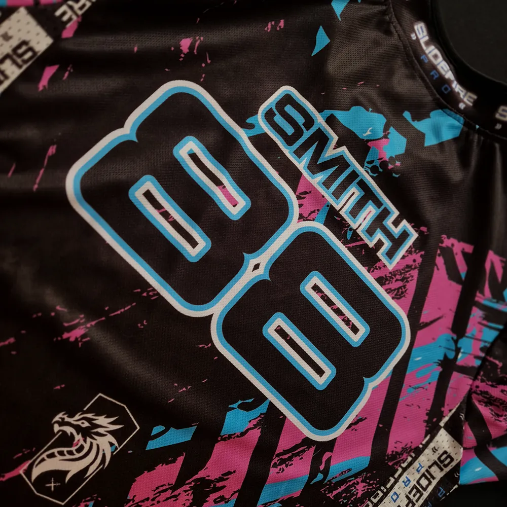 Fully custom sublimated speedsoft jersey with personalized names, numbers, sponsors and team branding for competitive apparel design.