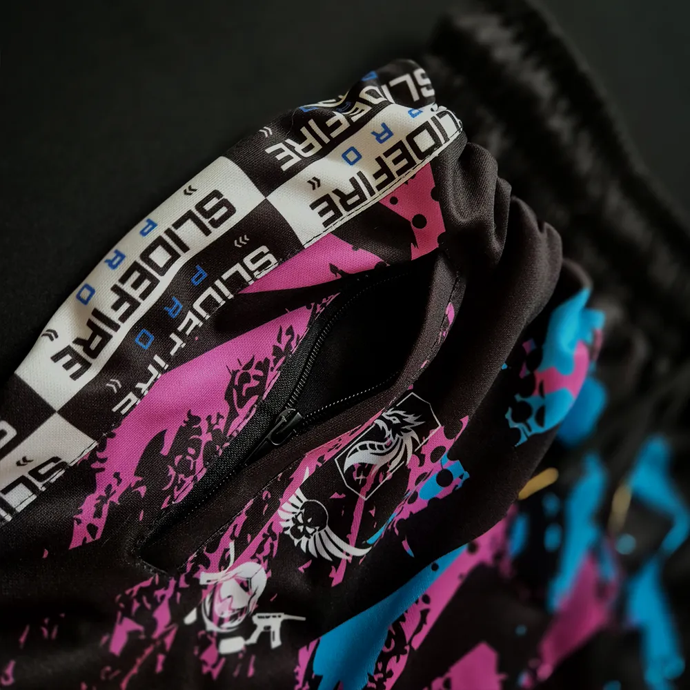 Close-up of custom SlideFirePro speedsoft apparel featuring sublimated graphics, zipper pocket and performance stitching.