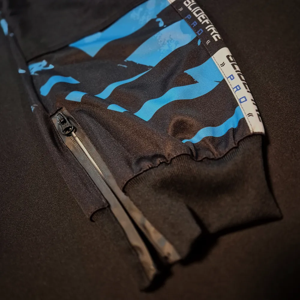 Close-up of custom SlideFirePro speedsoft jersey cuff with zipper pocket and performance athletic fabric.