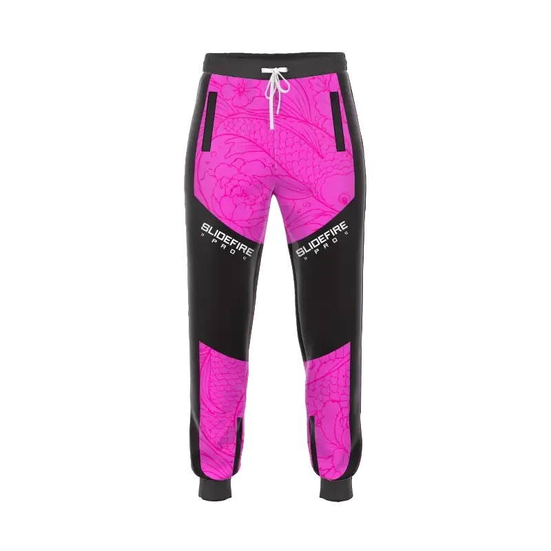 Blue and black joggers with fish pattern and white drawstring and Slidefire Pro logo on thighs.