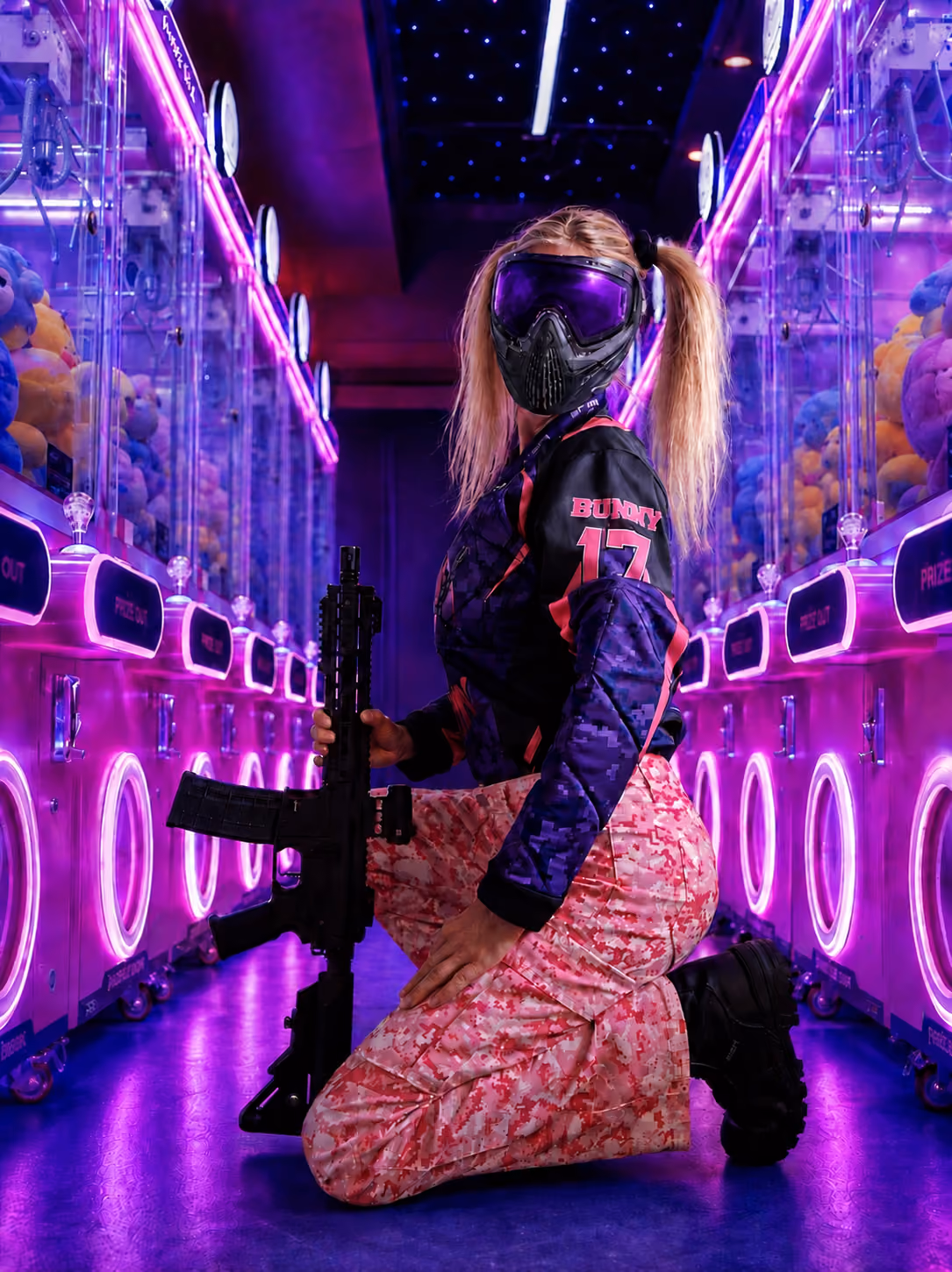 Purple and pink custom Bunny 17 jersey worn by a masked player in a neon arcade.