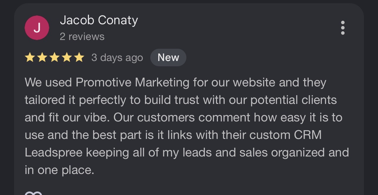 Five star Google review from a LeadSpree user