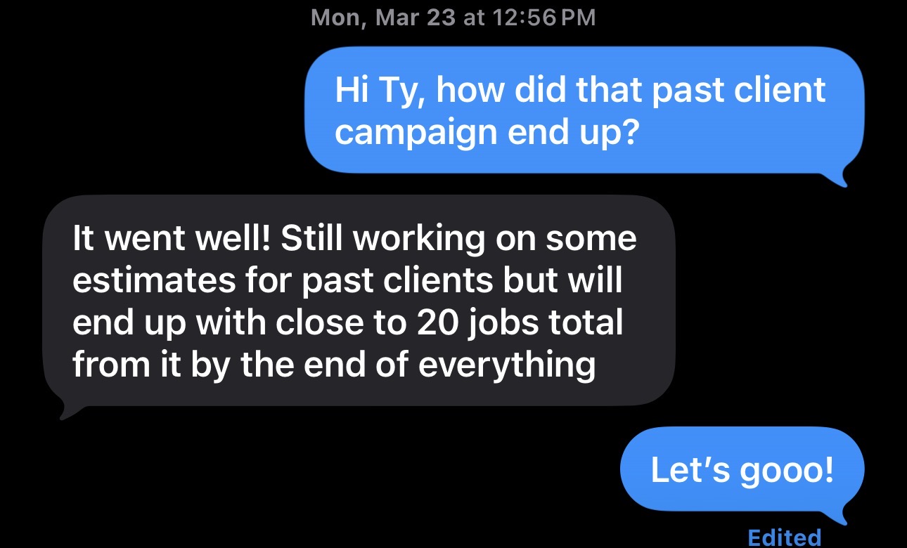 Text message about a past client reactivation campaign