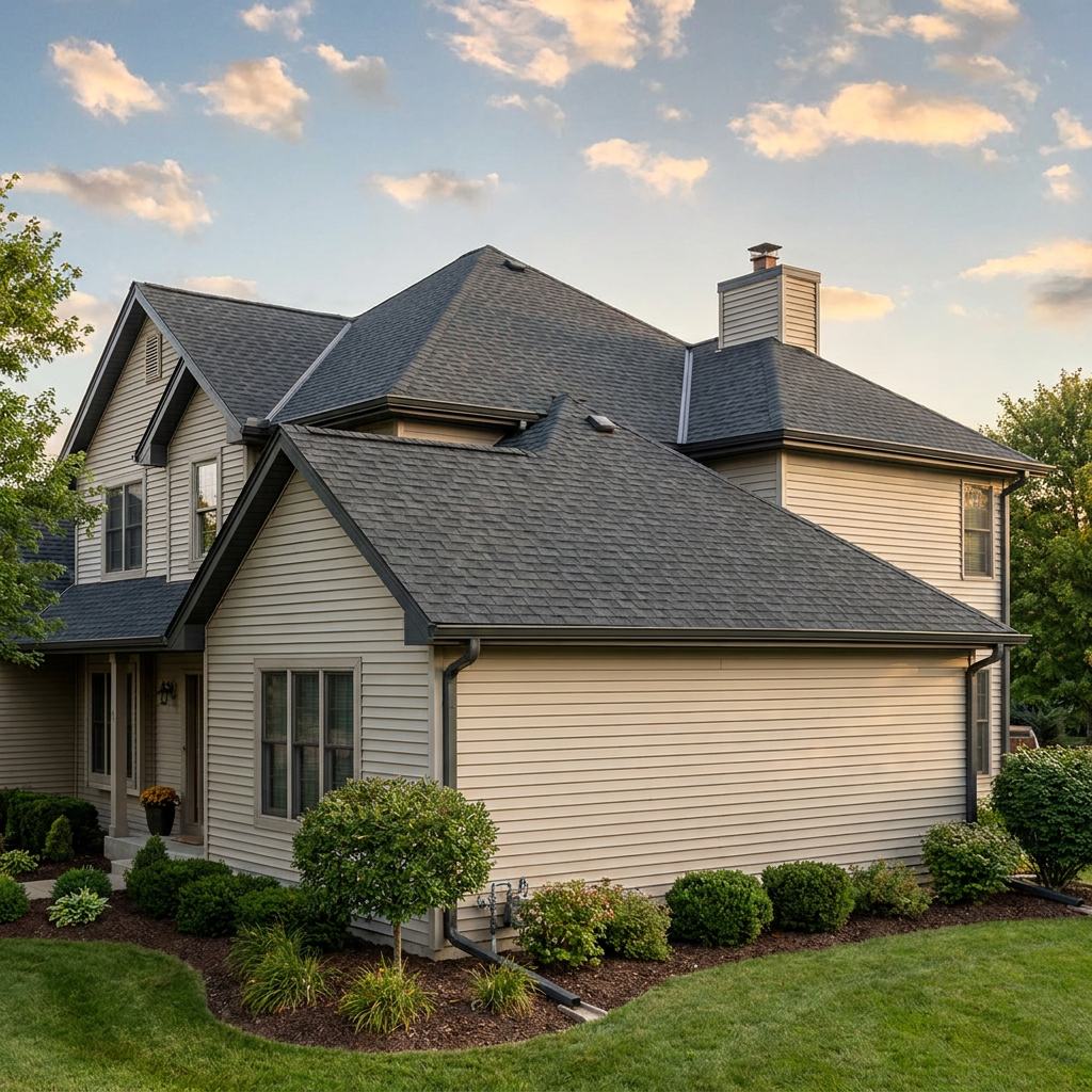 Finished roof replacement on a home, shot from the corner