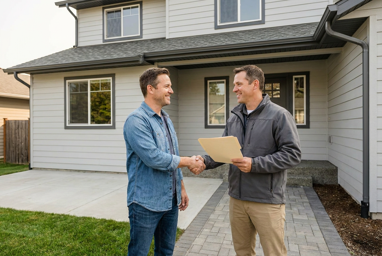 Homeowner in front of their finished exterior project