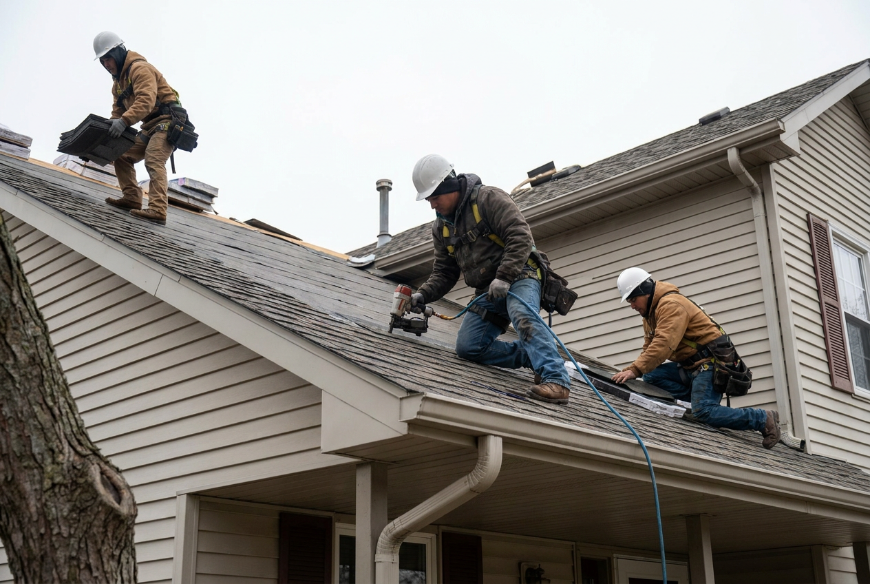Roofing crew working on a residential job site