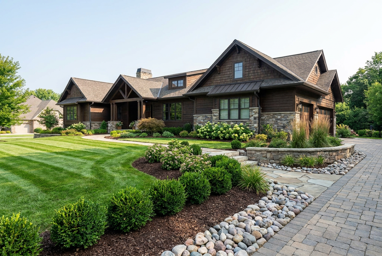 Landscaped front yard with beds and stone edging