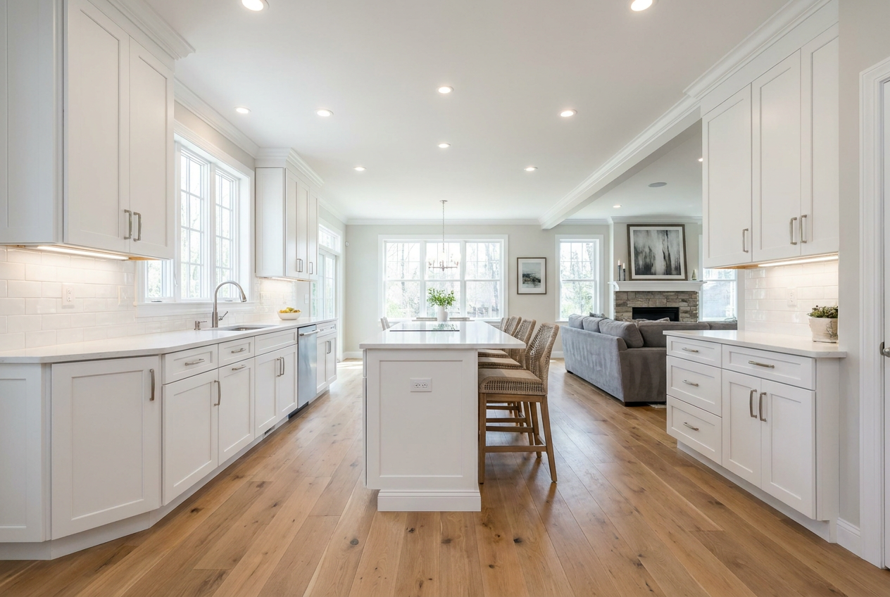 Remodeled kitchen with island and open floor plan