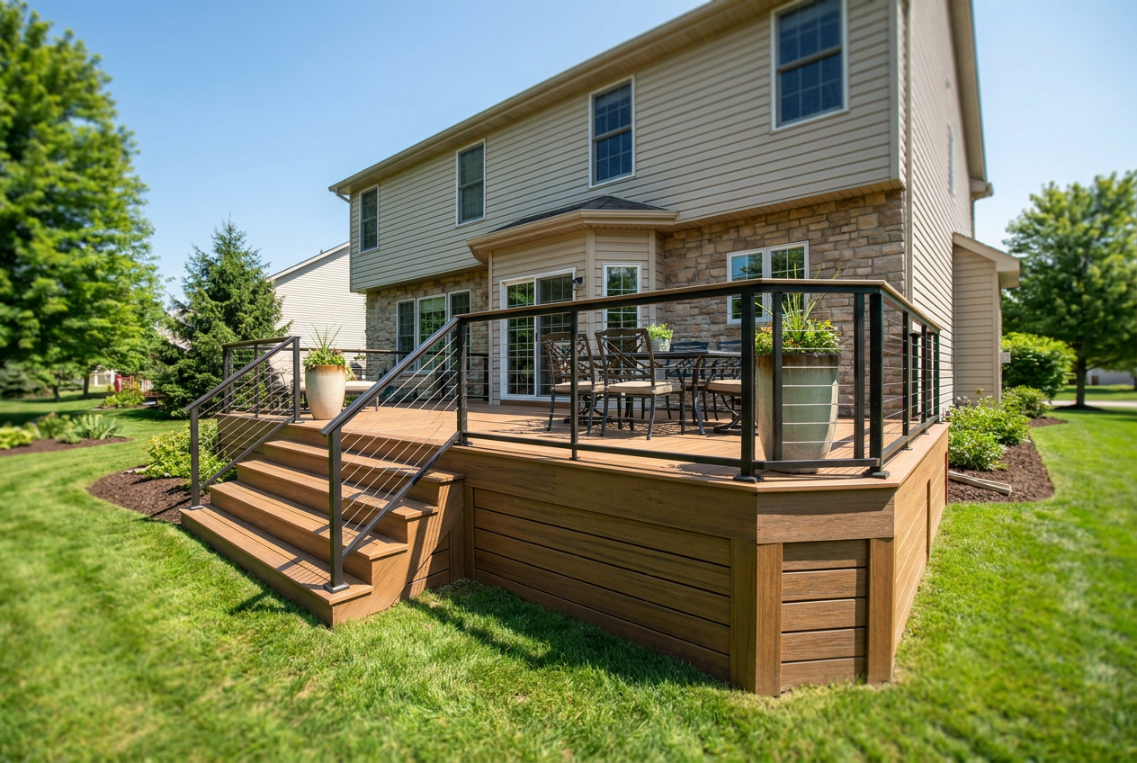 Completed composite deck with railing on a home