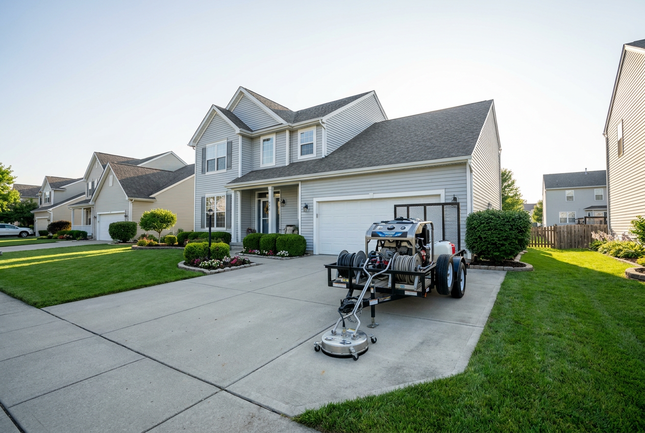 Pressure washing rig on a residential driveway
