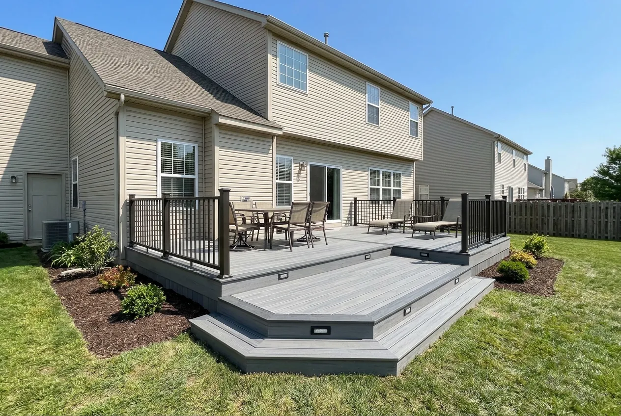Composite deck with railings and stairs, the kind of project fence and deck companies want more of