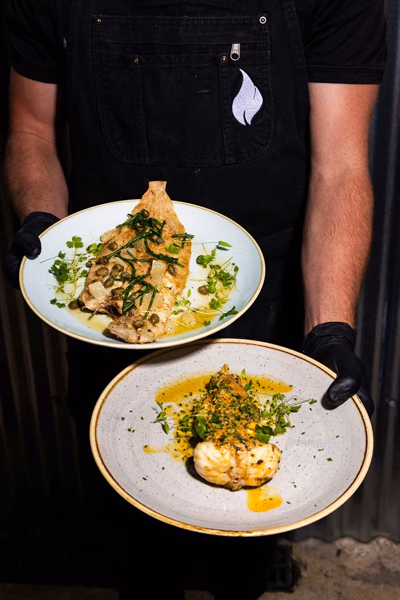 Two plates with fish garnished with herbs and sauce.
