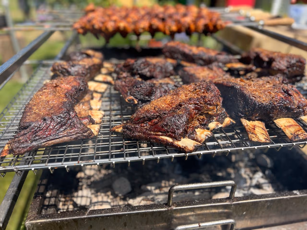 Grilled meat ribs cooking on a barbecue grill with coals below outdoors.