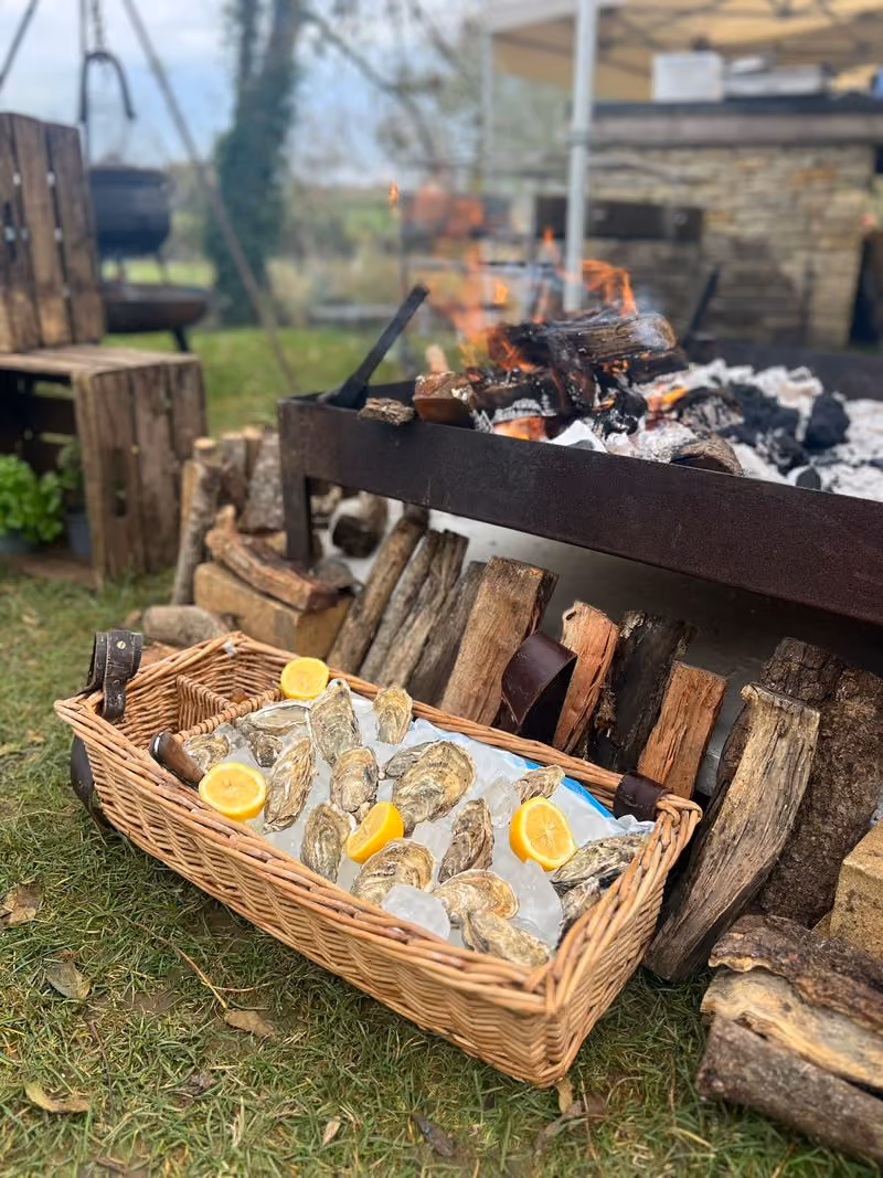 Basket of oysters on ice with lemon wedges by a wood fire pit outdoors on grass.