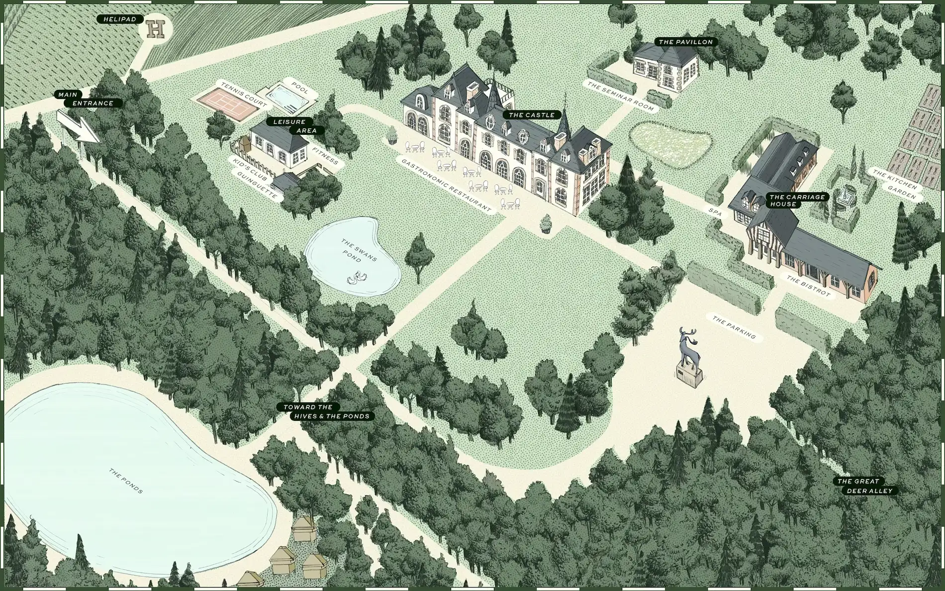 Plan of the estate with castle, swimming pool, tennis court, tennis court, carriage house, horse-drawn carriage house, ponds and deer alley, Les Hauts de Loire, 5 star luxury hotel in Veuzain-sur-Loire, Loire Valley, France.