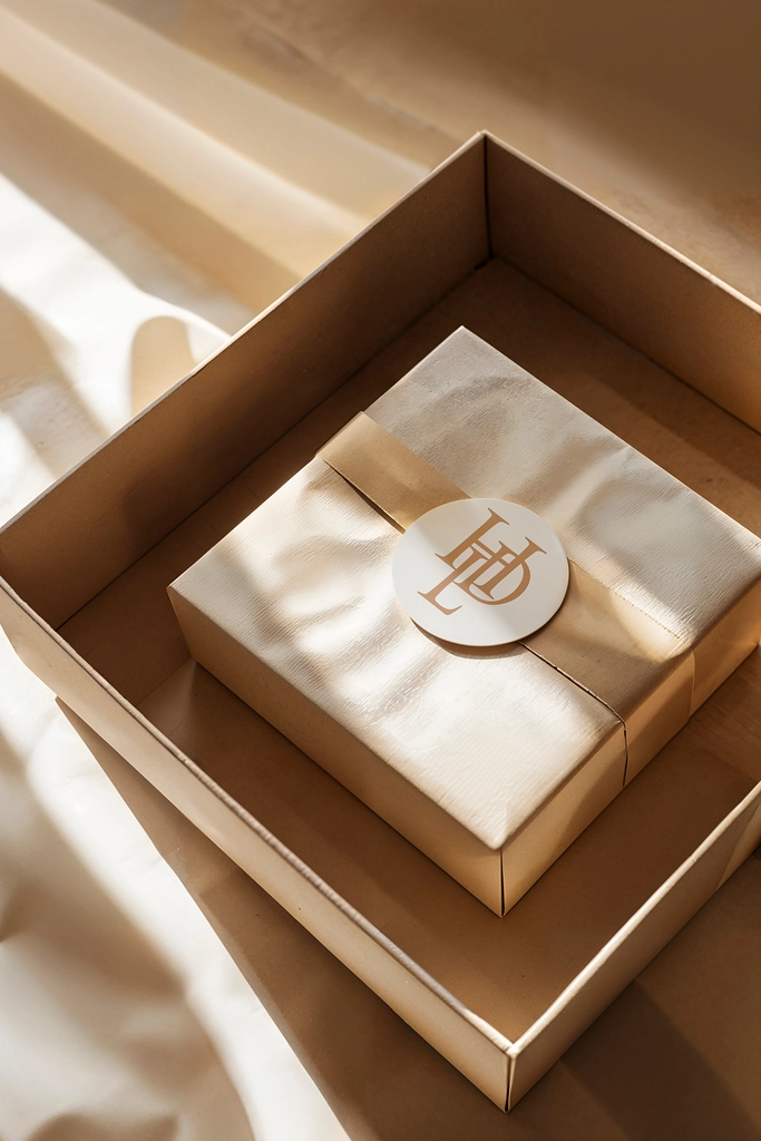 Cadeau emballé beige avec un ruban et une étiquette, placé dans une boîte ouverte marron clair, Les Hauts de Loire, hôtel de luxe 5 étoiles à Veuzain-sur-Loire, Vallée de la Loire, France.