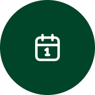 Icône de calendrier blanc avec le numéro un sur fond rond vert foncé