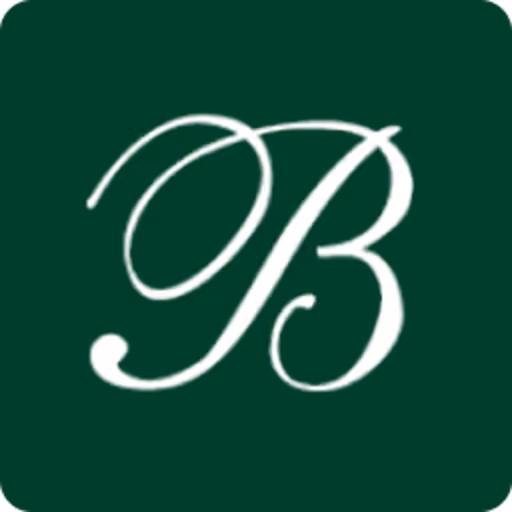 Lettre B blanche calligraphiée sur fond vert foncé.
