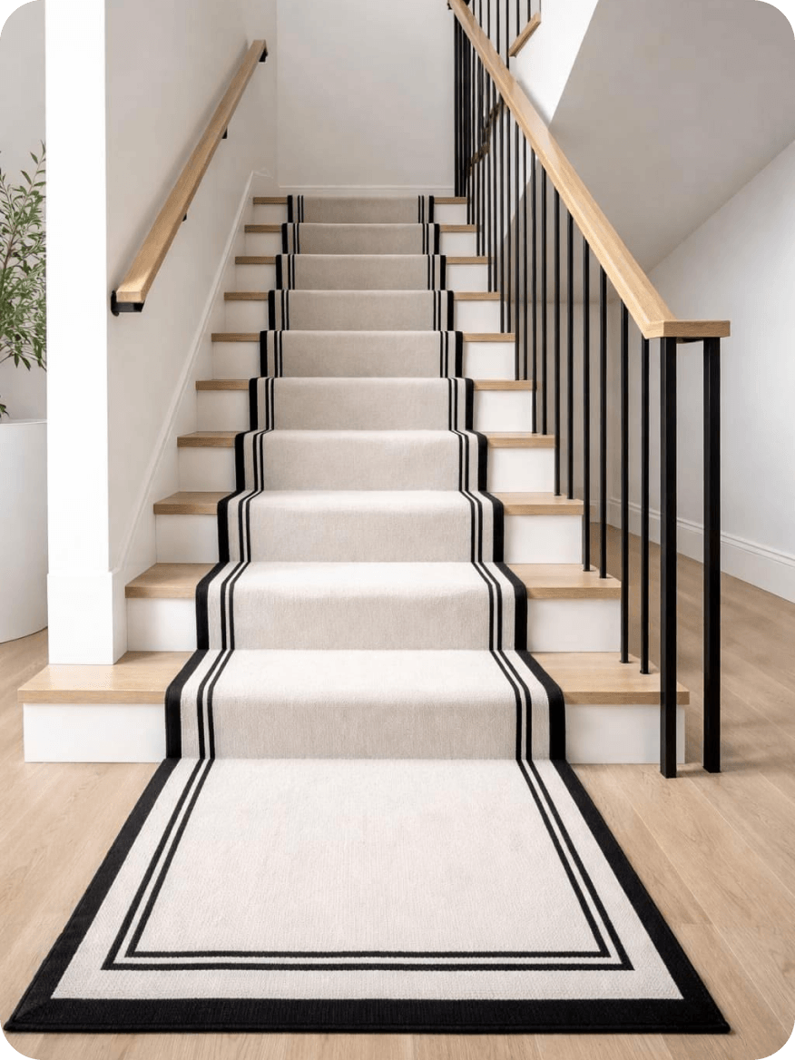 Escalier en bois clair avec un tapis beige et noir au centre, main courante bois et balustrade métal noir.
