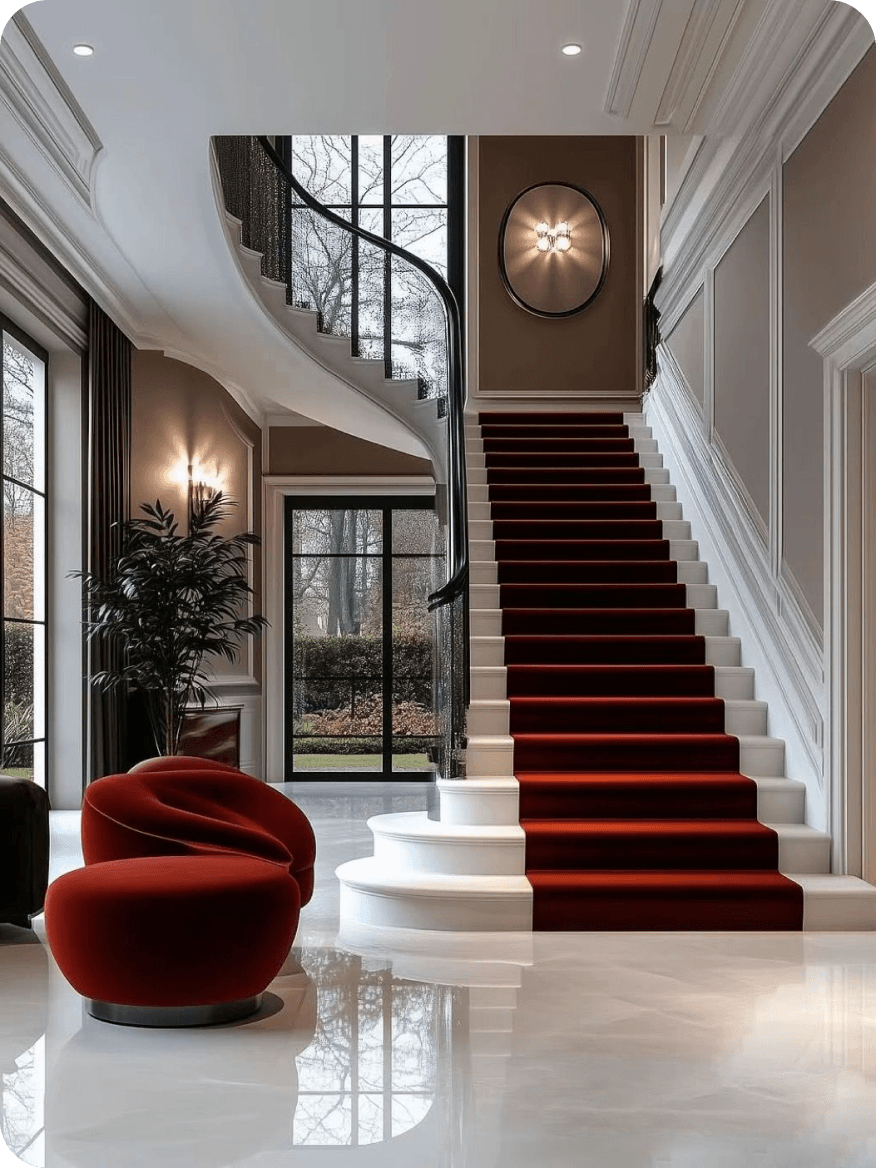 Escalier en marbre blanc avec tapis rouge et fauteuils rouges dans un salon lumineux et moderne.