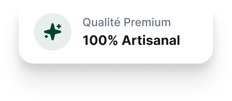 Icône d'étoile verte avec texte Qualité Premium 100% Artisanal sur fond blanc arrondi.