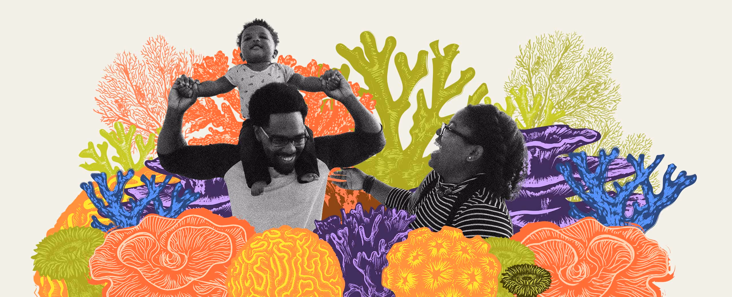 Black family surrounded by colorful coral reef illustrations, with a child on the father's shoulders.