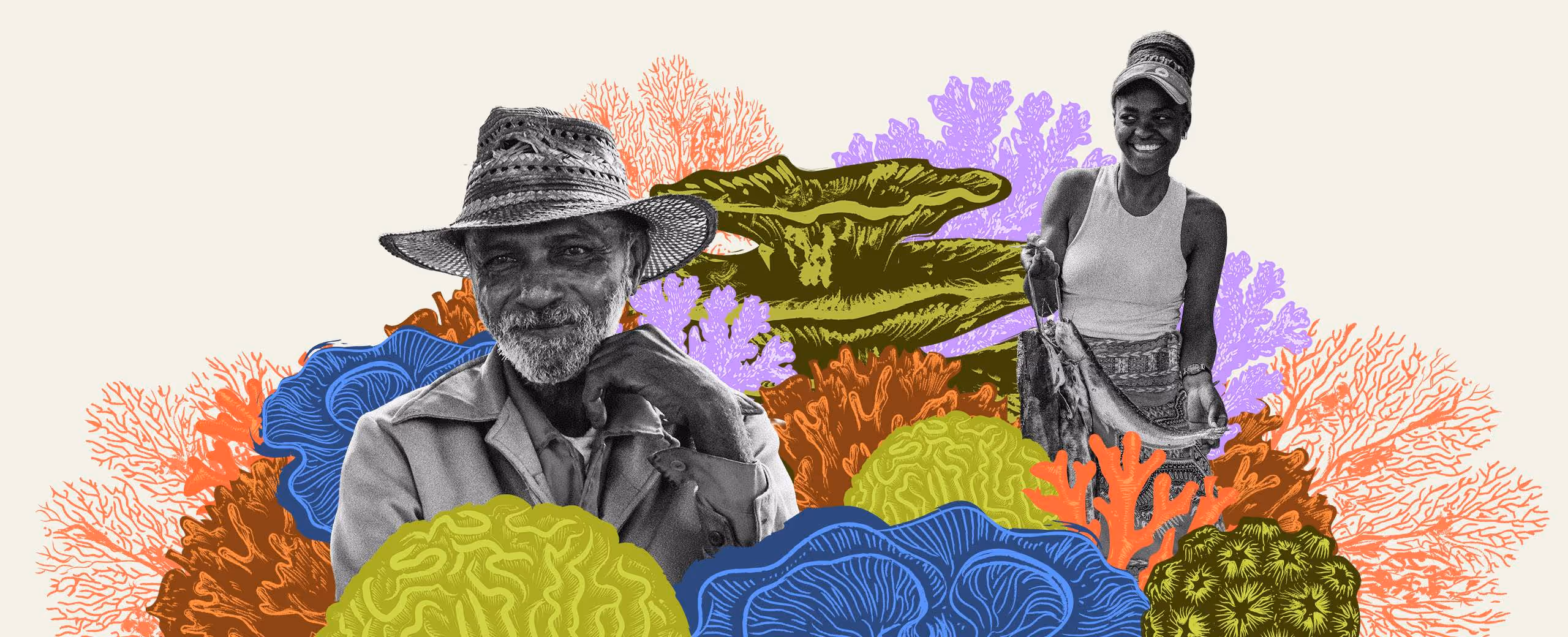 Black and white photo of smiling man in hat and woman holding fish with colorful coral reef background.