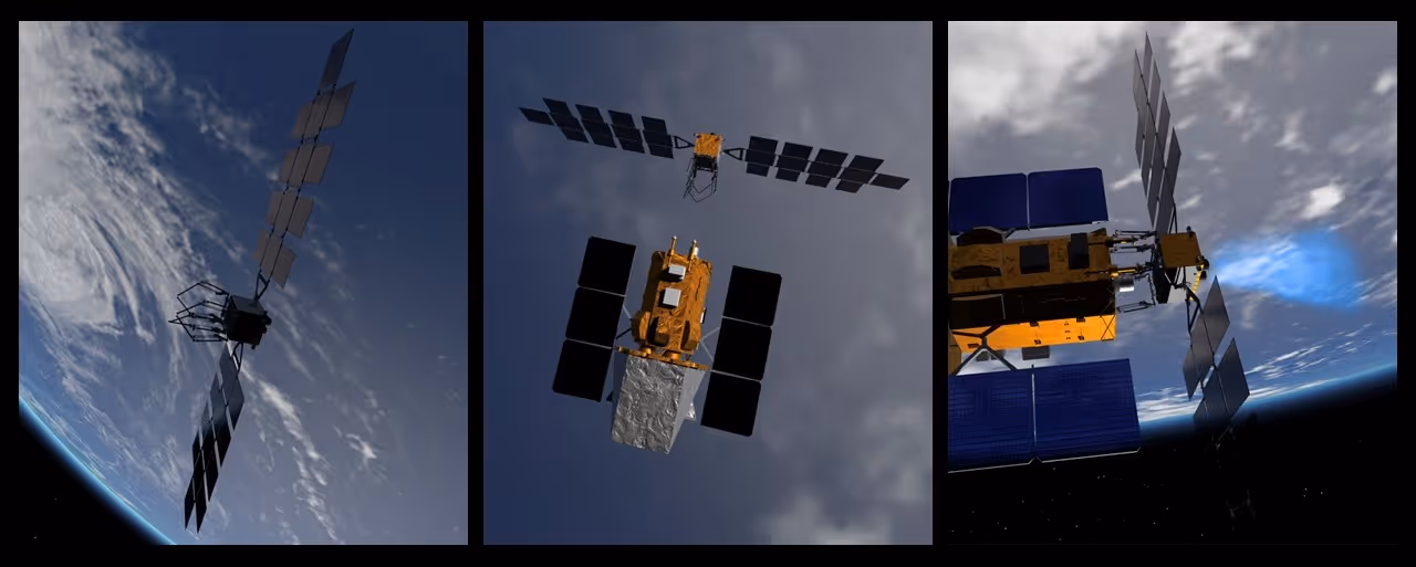 A triptych of 3D rendered illustrations showing satellites in orbit above Earth from three different perspectives, depicting an on-orbit servicing or assembly mission with a smaller servicer spacecraft approaching a larger client satellite.