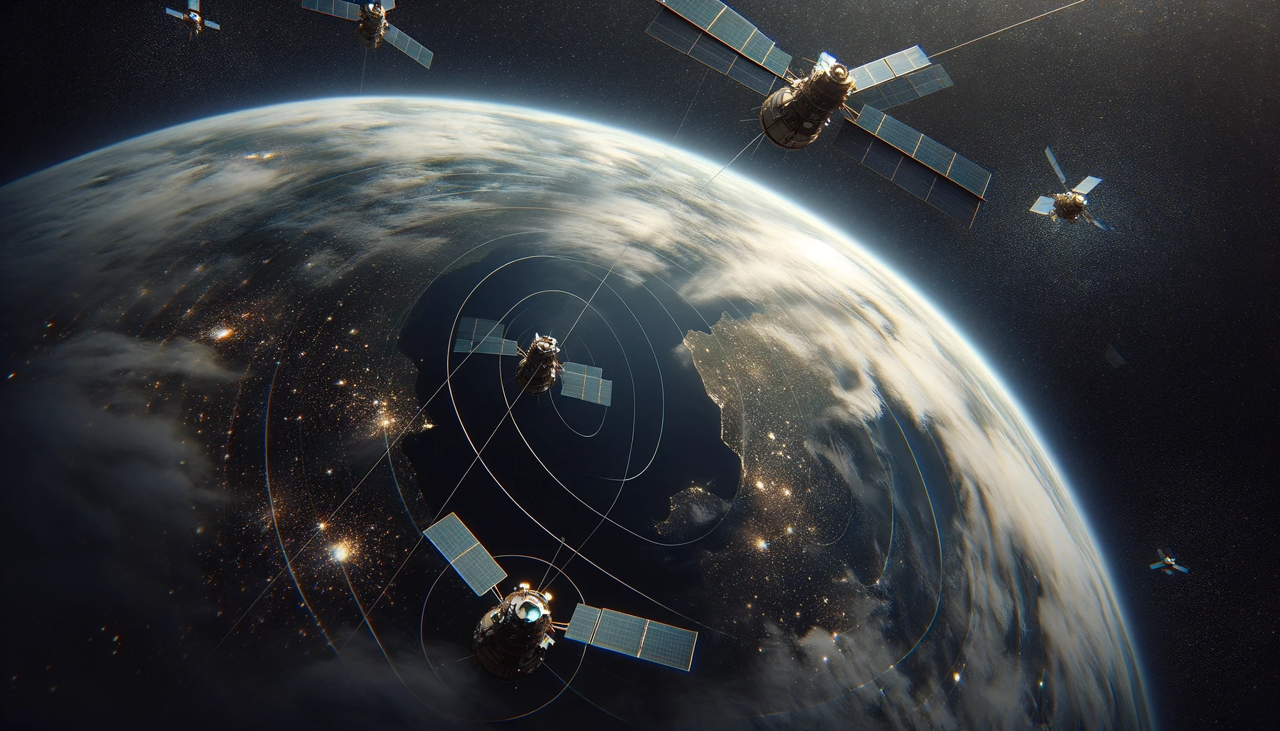 Multiple satellites pointing at Earth.
