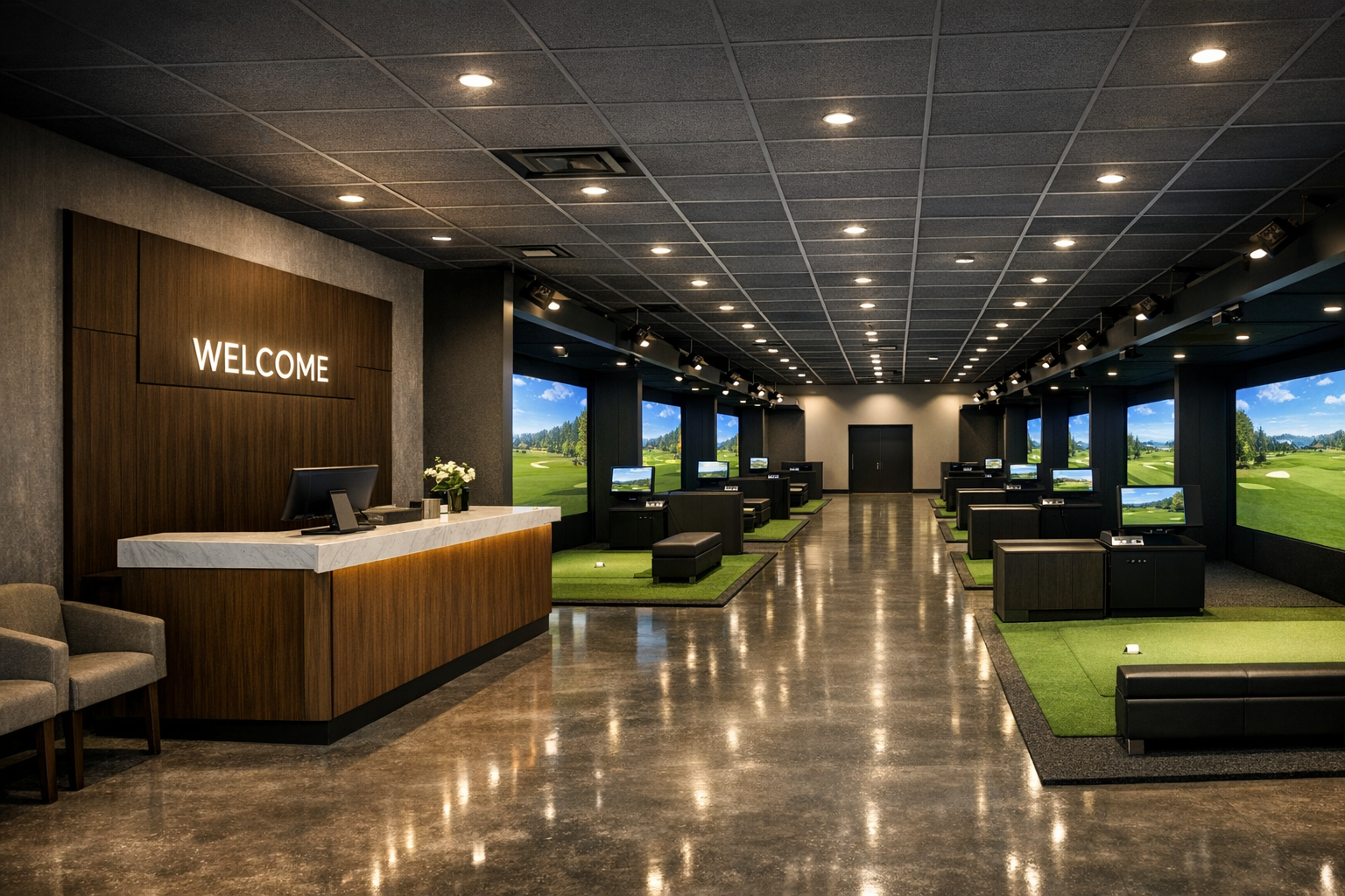 Row of private TrackMan simulator bays at The Golf Sanctuary