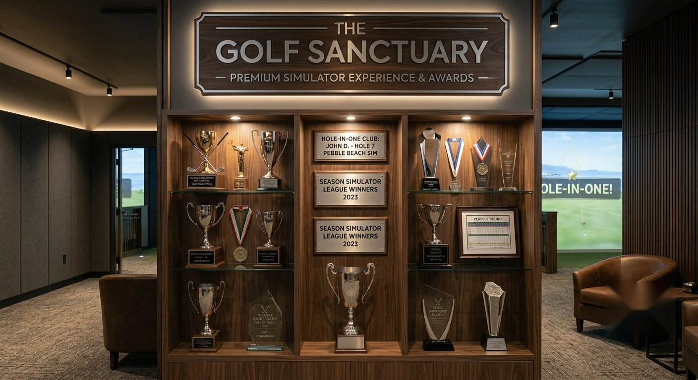 Trophy display wall at The Golf Sanctuary showcasing member awards and hole-in-one club