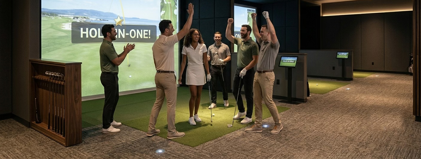Group celebrating a hole-in-one on a golf simulator at The Golf Sanctuary
