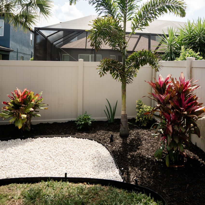 Finished landscape bed with tropical plants, a small tree, and white decorative stone.