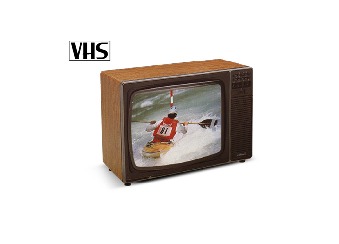 Vintage wooden TV showing kayaker wearing red bib with number 81 navigating whitewater rapids.